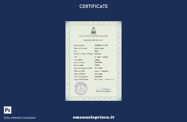 modello PSD del certificato di morte di Saint Vincent e Grenadine in stile verif
